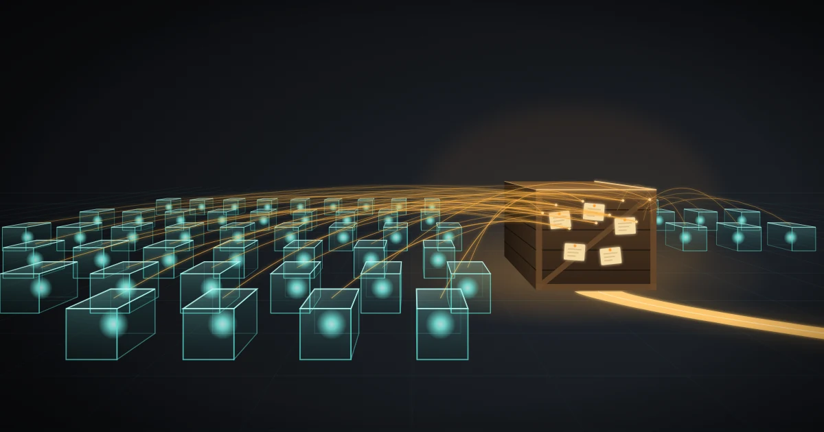 Rows of glowing sandbox cubes, each tied by a thread to one shared package crate covered in pinned notes, with a single path leading out