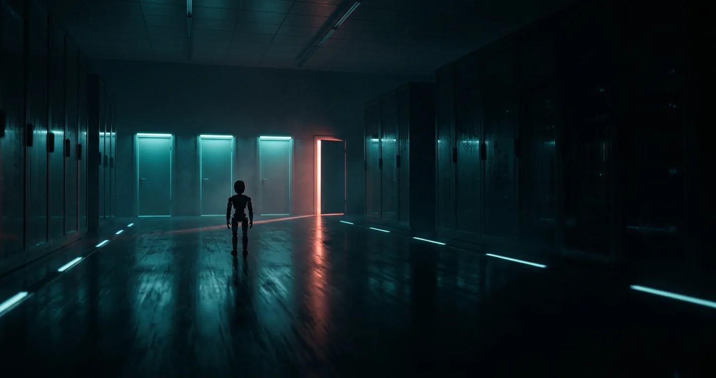 A small robot silhouette stands in a dark corridor lined with server cabinets, facing a row of doors: three are shut and glow teal, while a fourth is ajar with red light spilling across the wet floor