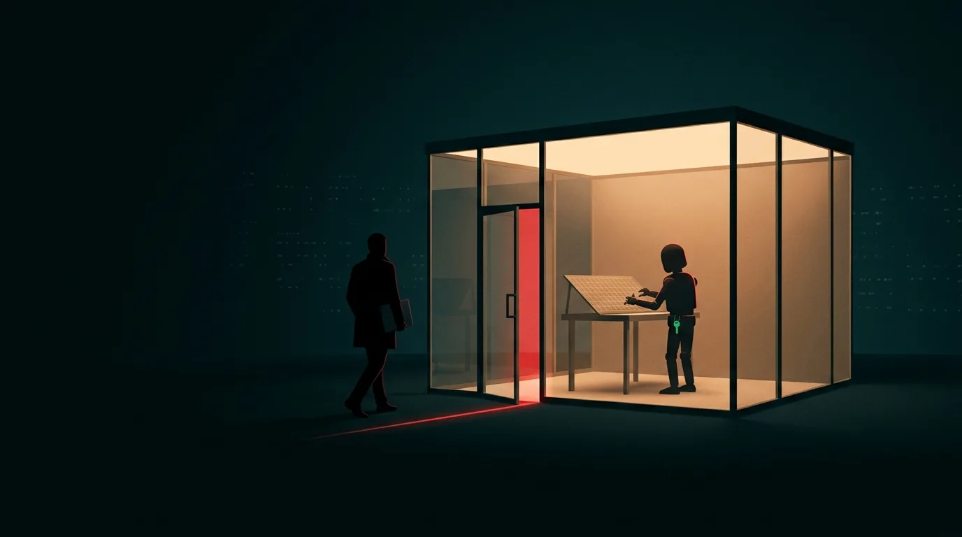 A glass-walled room glows amber against a dark teal night. Inside, a small robot works at a slanted table with a green key at its belt. Outside, a person carrying a laptop walks past, while the room's door stands ajar and spills a red glow across the ground.