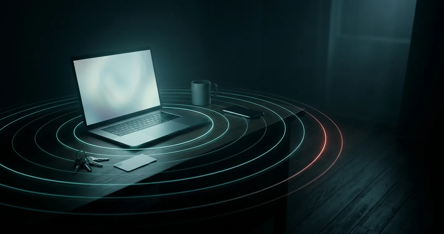 An open laptop glows on a dark desk while concentric rings of teal light spread outwards across a set of keys, an access card, a mug and a phone, with the outermost ring glowing red
