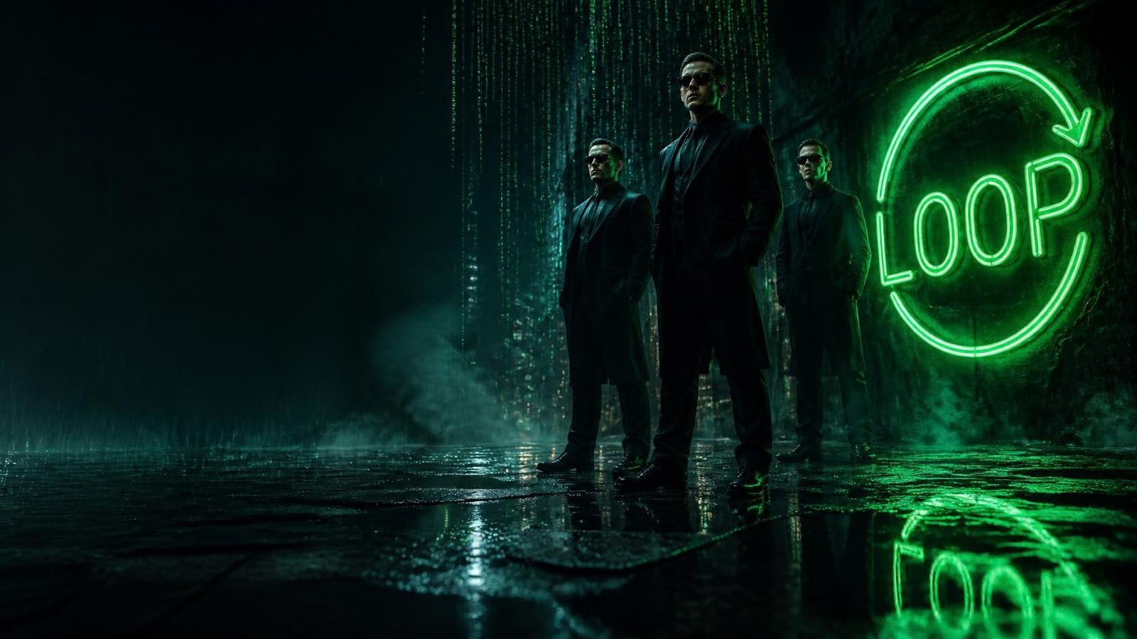 Three suited figures in dark glasses stand in a rain-soaked neon city as green code rains down, beside a glowing green neon sign reading LOOP