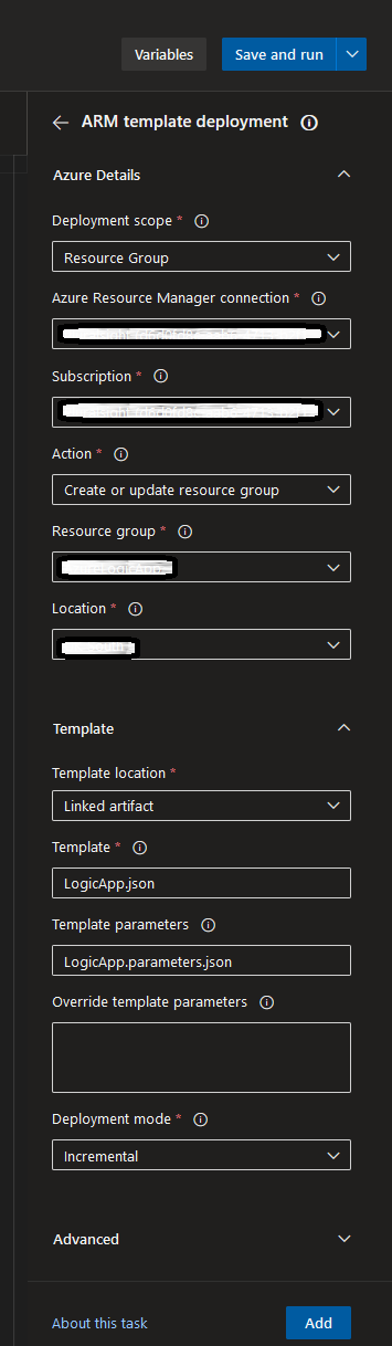 Azure Devops pipeline - Task Details - ARM Template Deployment