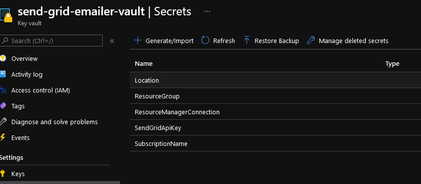 Azure Portal - Send Grid Emailer Vault