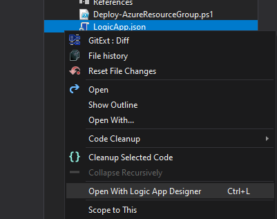 Visual Studio 2019 - Right click on LogicApp.json to get the option to open designer view 