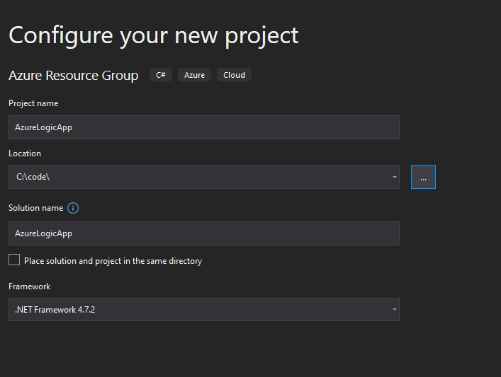 Visual Studio 2019 - New Project Wizard - Name and location of the project source files