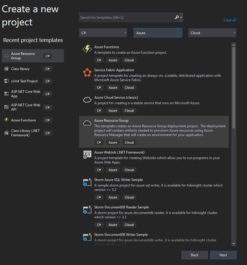 Visual Studio 2019 - New Project Wizard - choose Azure Resource Group Template