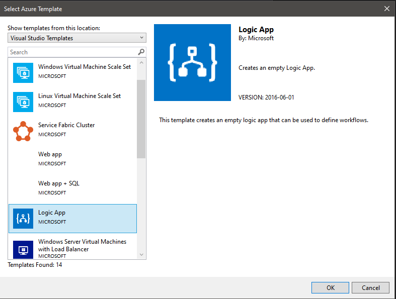 Visual Studio 2019 - New Project Wizard - Choose Azure Logic App template