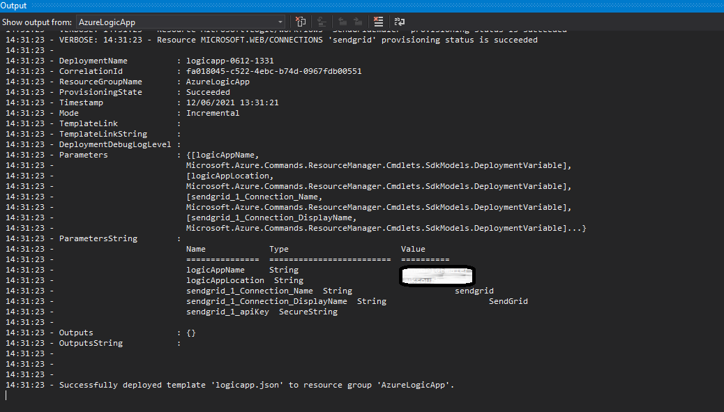 Visual Studio 2019 - Output View - Logic App Deployment