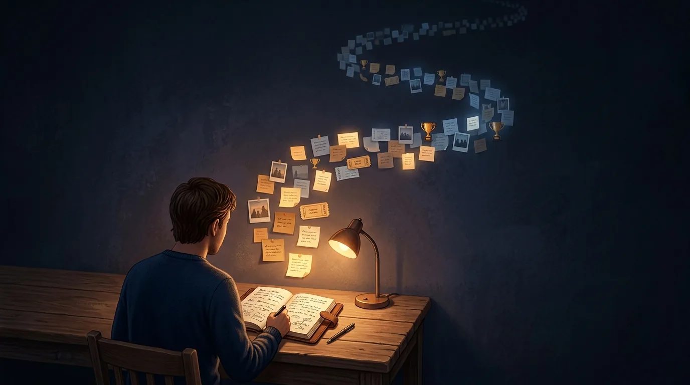 A person writing in a journal at a lamp-lit desk while a trail of notes, photos and small trophies spirals up the wall behind them, fading into darkness