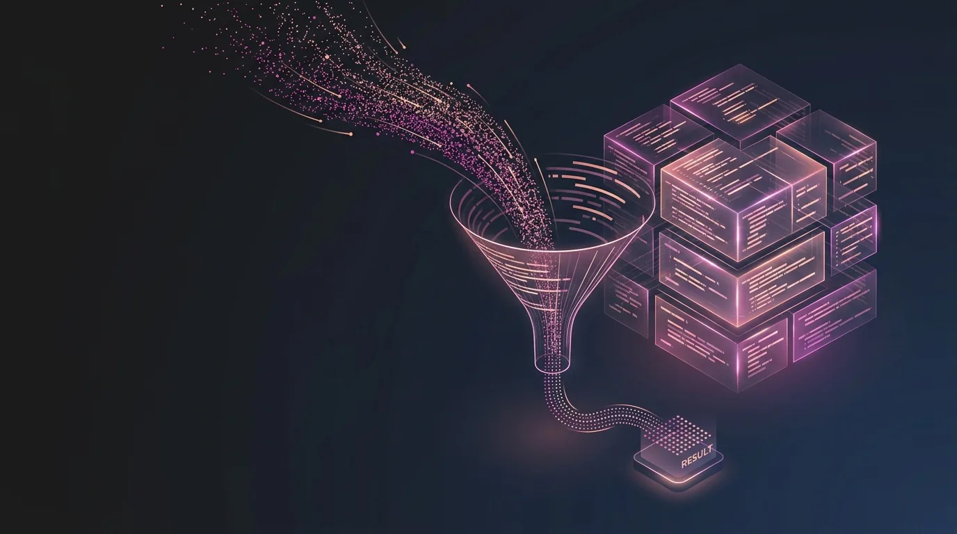 Glowing stacked code blocks beside a funnel turning a stream of data particles into a single neat result