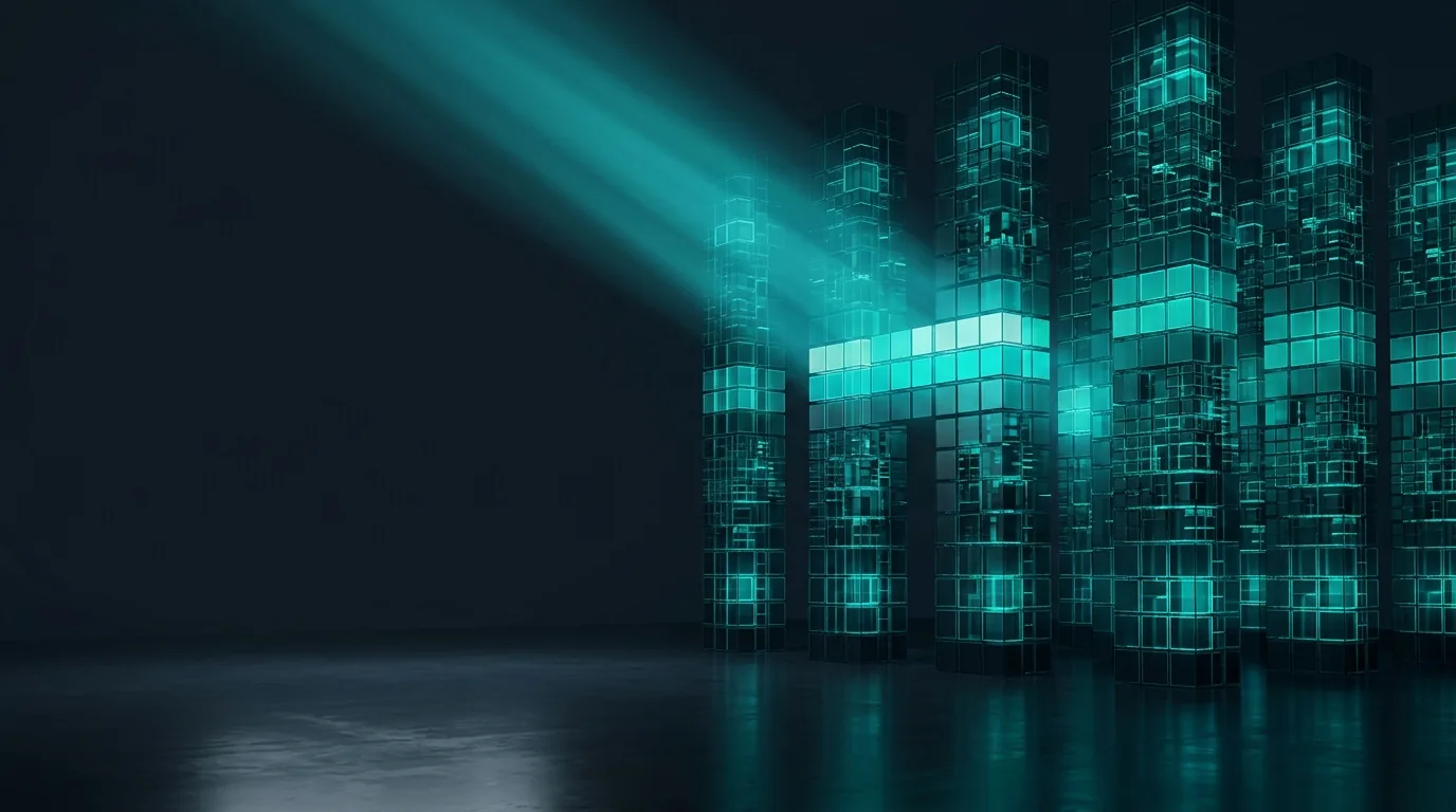 Tall glowing columns of data cells rising from a dark floor, with a beam of light picking out a few highlighted rows