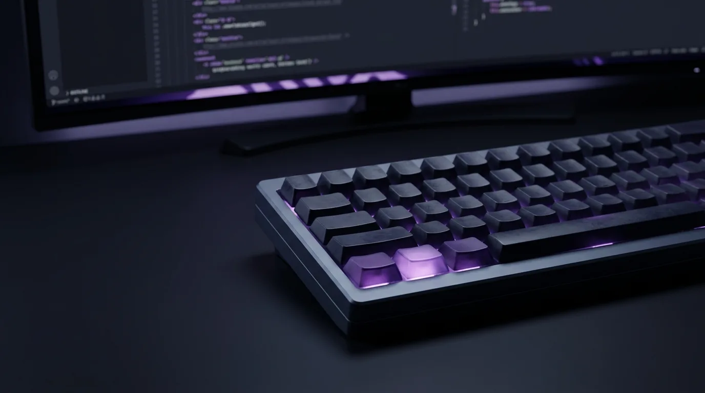 A close-up of a mechanical keyboard with a few modifier keys glowing purple, in front of a dark code editor