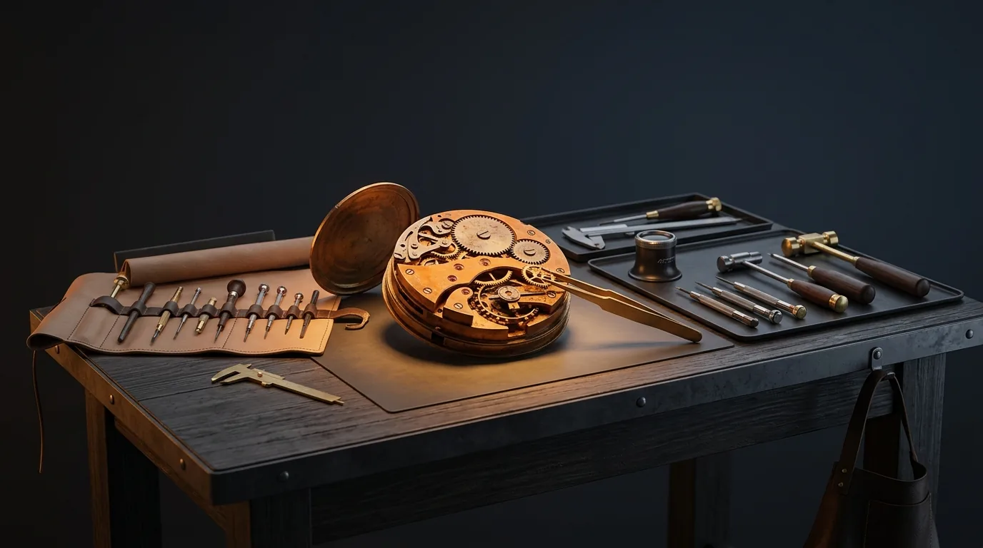 A craftsperson's workbench with neatly laid-out tools around an open clockwork mechanism being repaired