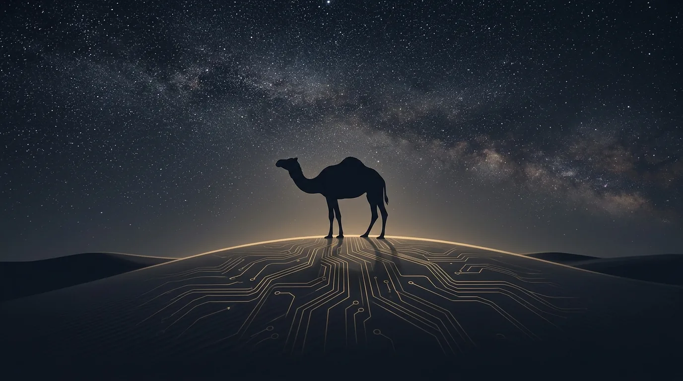 A camel silhouetted on a desert dune under a starry night sky, with glowing circuit traces in the sand