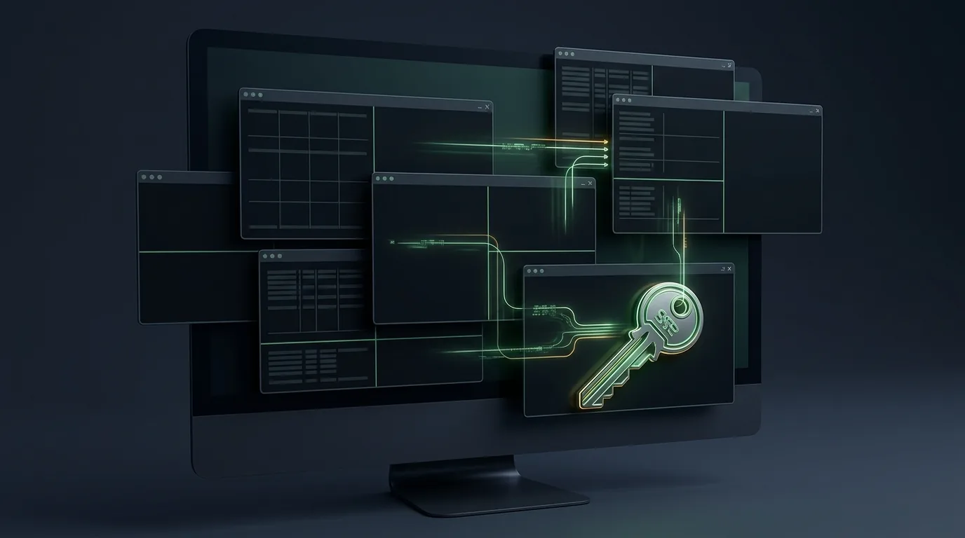 A monitor with several overlapping terminal windows split into panes, joined by glowing lines, with a key in front