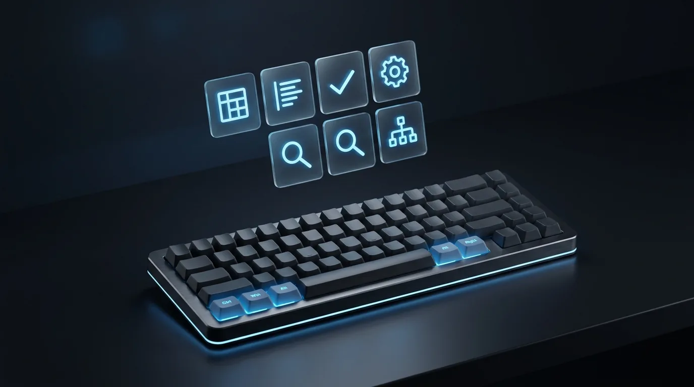 A keyboard with a few modifier keys glowing blue, beneath a grid of floating translucent app tiles