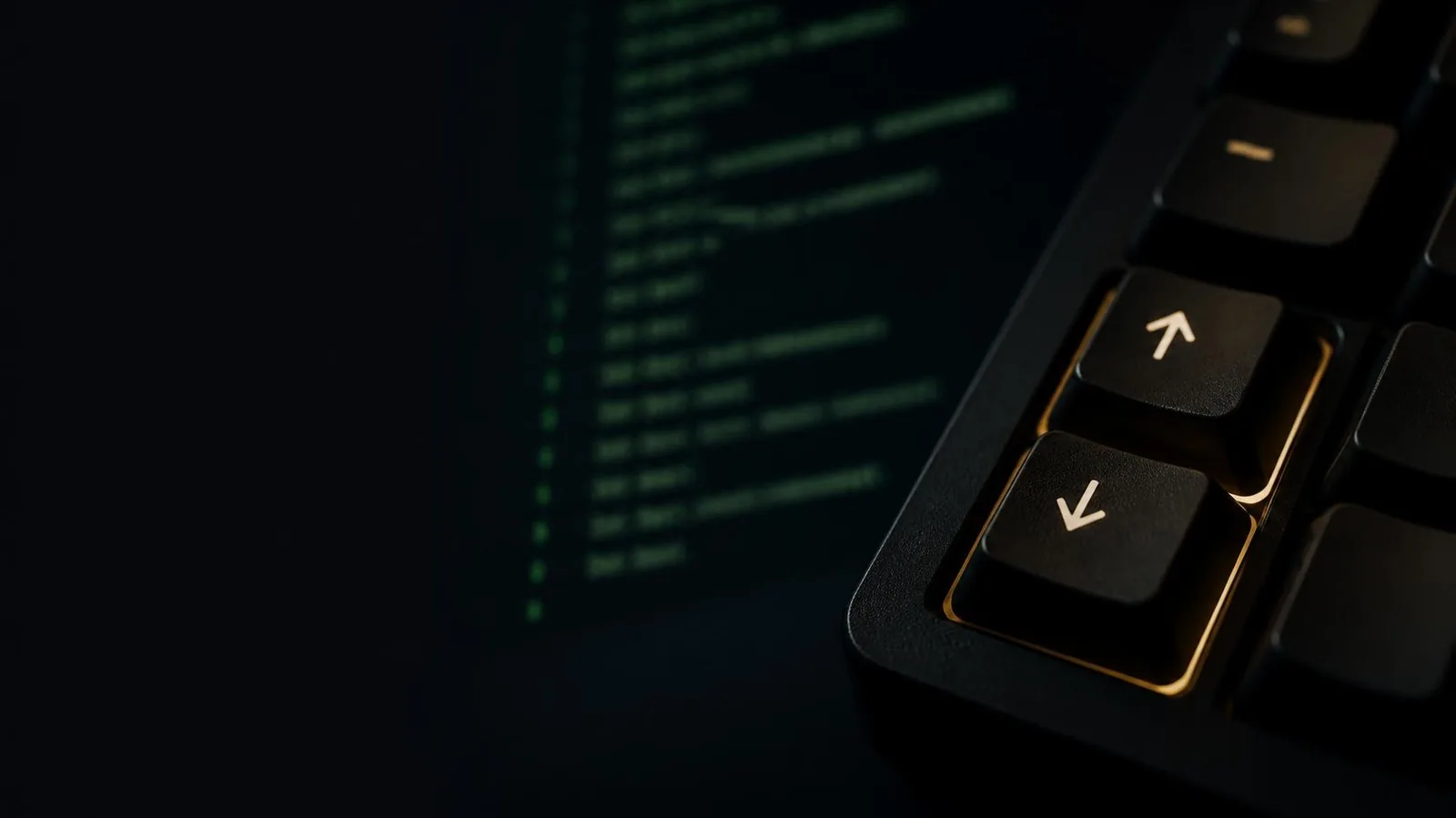 Close-up of glowing up and down arrow keys on a keyboard beside a dark terminal window full of command history