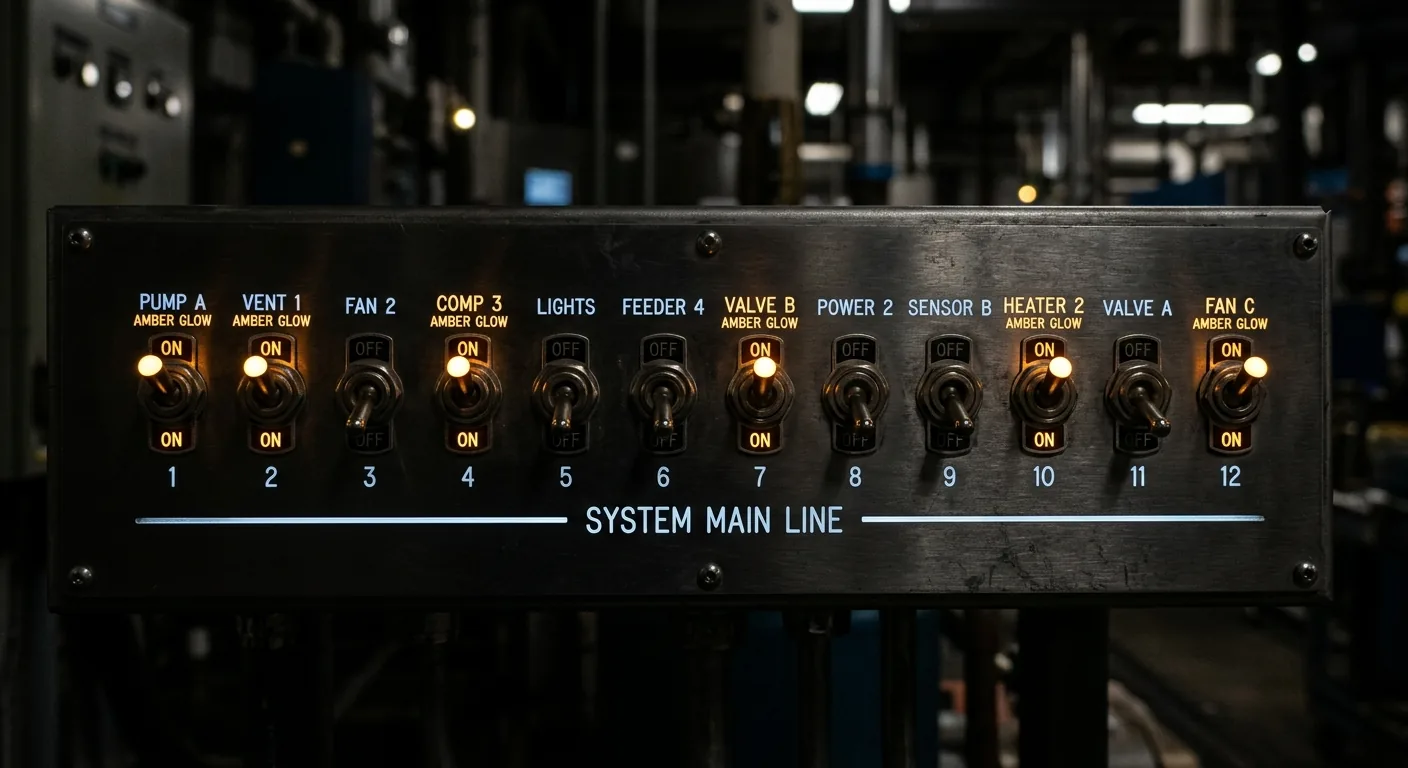 A dark control panel with a row of twelve toggle switches, some glowing on and some off, above a single line labelled System Main Line
