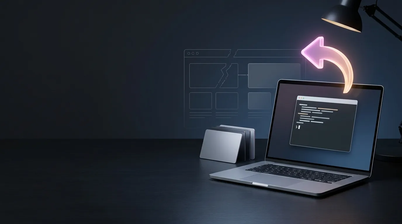 A laptop on a dark desk showing a terminal, with a glowing arrow curving backwards above it, a cracked web page outline behind and a stack of version cards beside it