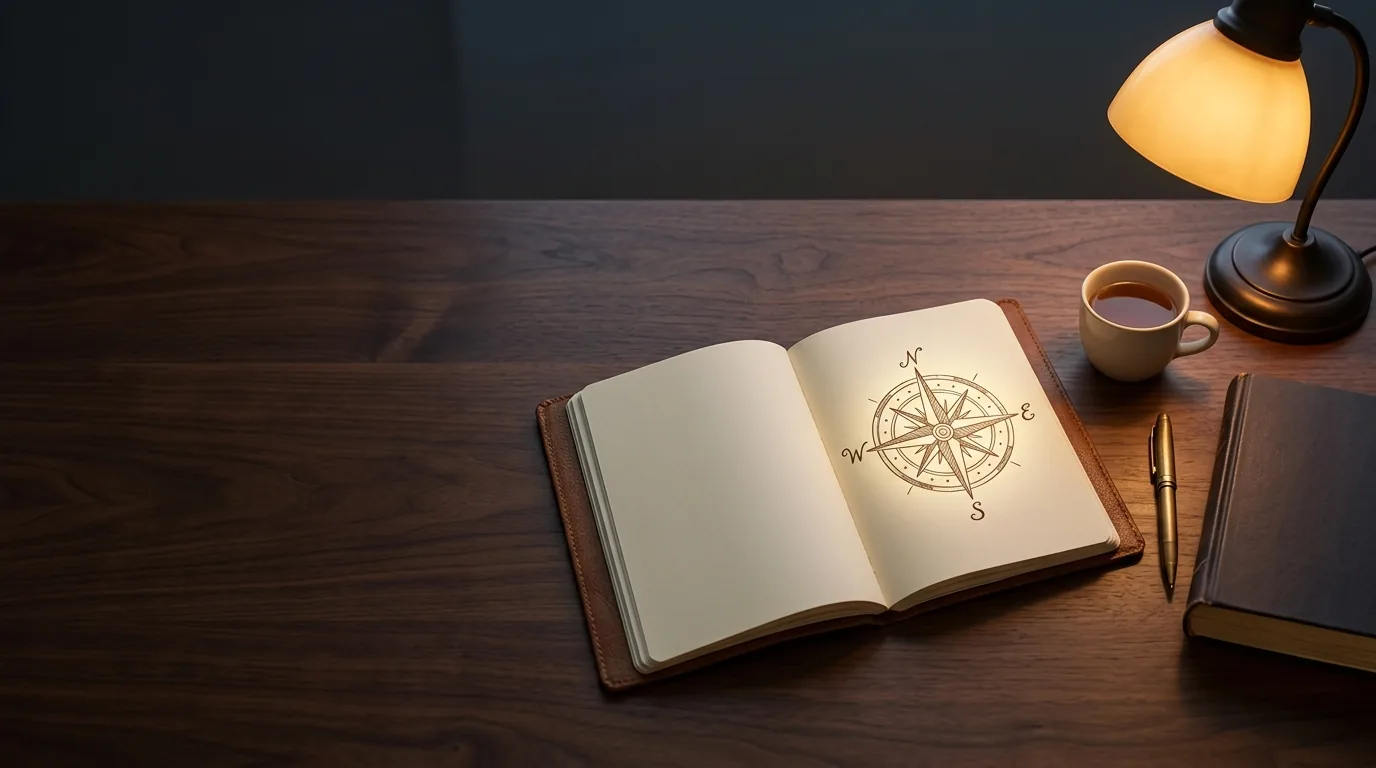An open notebook on a wooden desk at dusk with a compass rose sketched on its page, beside a cup of tea, a pen, a closed book and a desk lamp