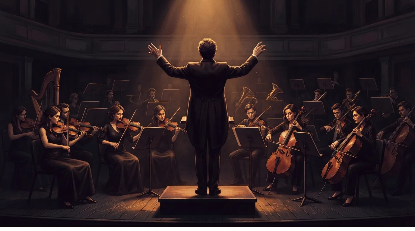 A conductor seen from behind on a spotlit stage, arms raised, leading an orchestra whose front-row players lead the sections behind them