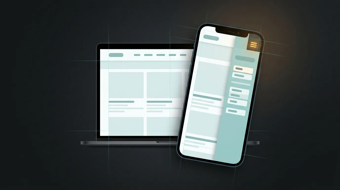 A laptop showing a blog with a horizontal menu bar, beside a phone showing the same blog with a glowing hamburger icon and a navigation drawer slid open