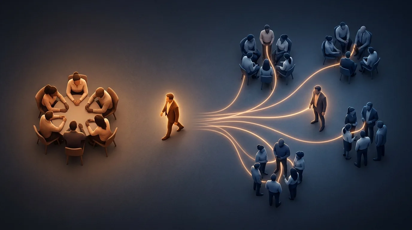 A leader walking away from one small team around a table towards several separate team groups, each with its own lead, joined to the leader by glowing lines