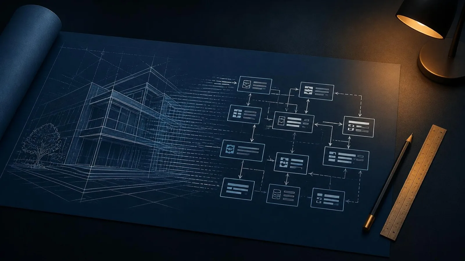 A blueprint on a dark desk where a building sketch turns into connected software component boxes, with a pencil and ruler