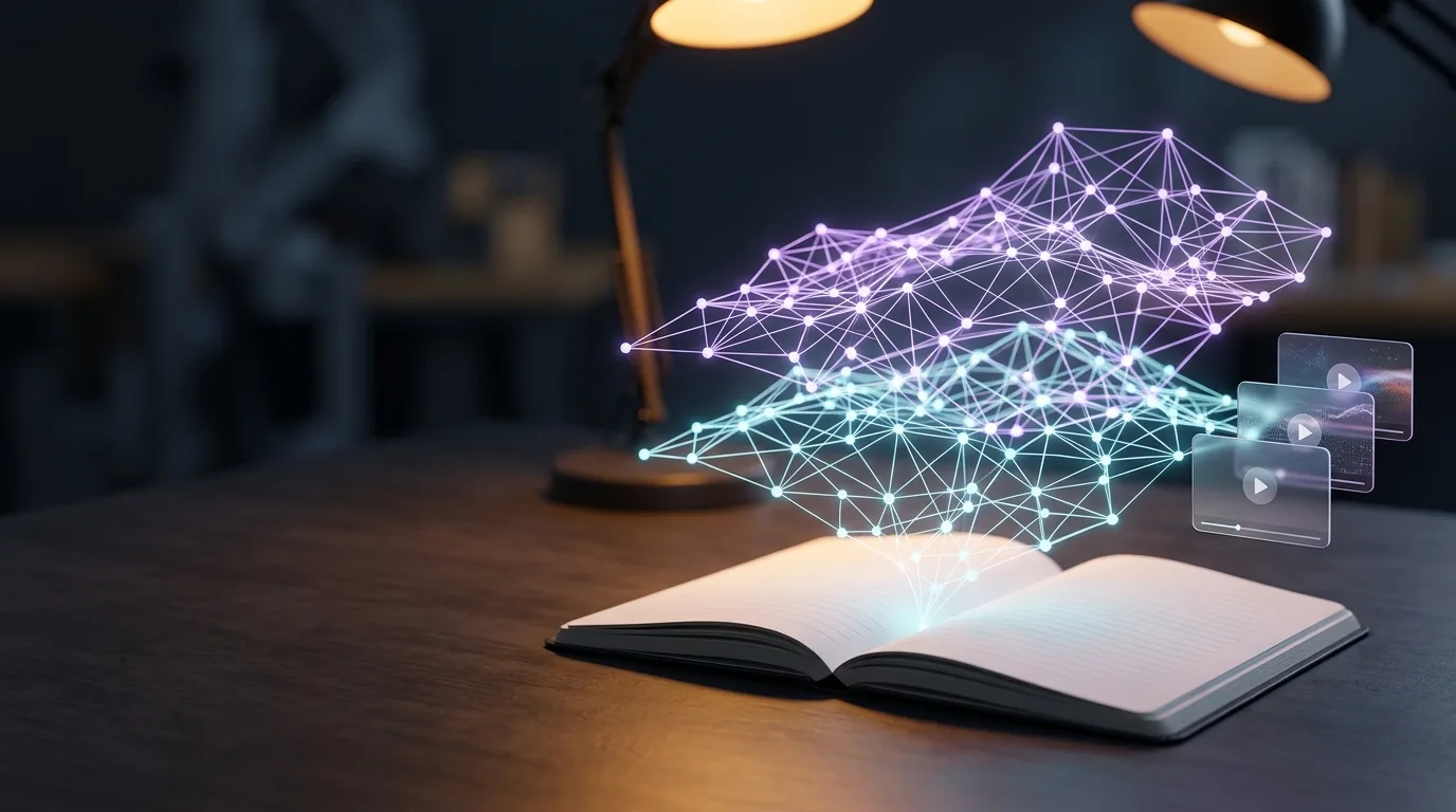 An open notebook on a dark desk with two glowing layers of a connected-node network rising from its pages, beside a stack of video panels