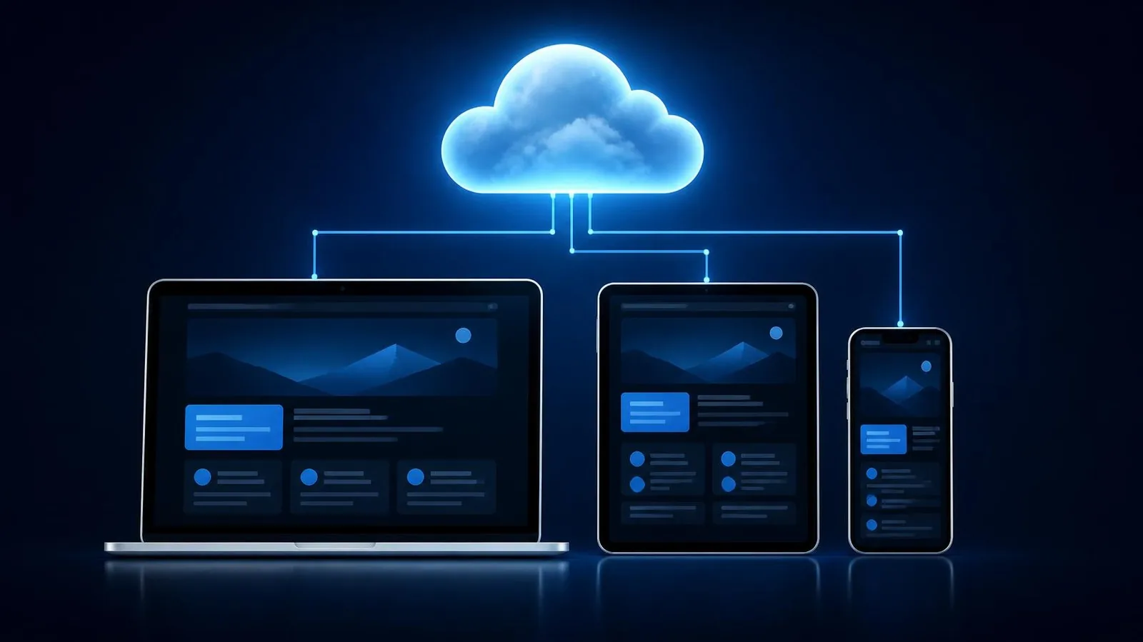 The same web page laid out on a laptop, a tablet and a phone, each connected to a glowing cloud above them