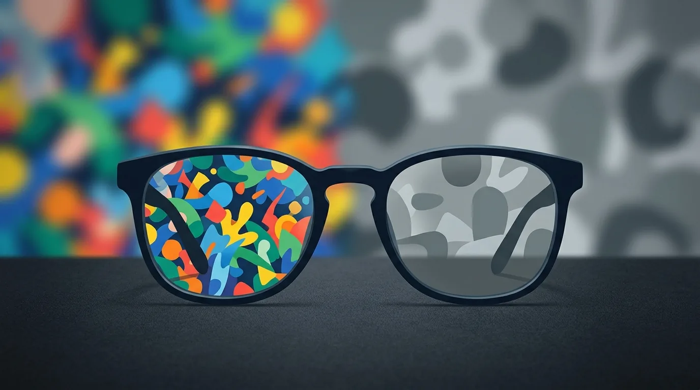 A pair of glasses in front of a colourful abstract pattern: through one lens the shapes are vivid and varied, through the other they are muted grey