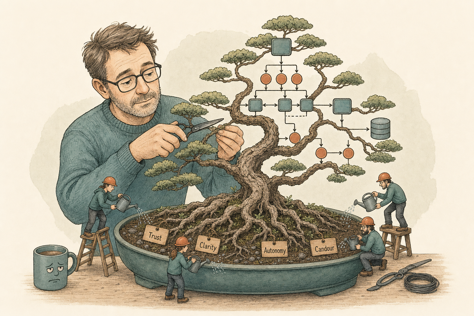 Culture as an operating system represented by a bonsai tree shaped like a distributed systems diagram