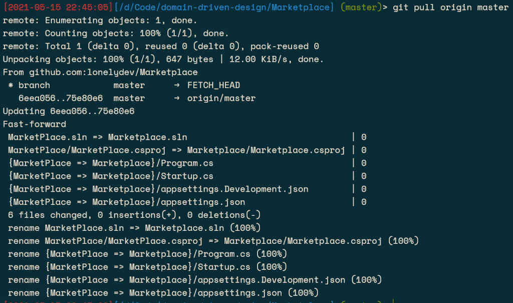 screenshot of git after pull from renamed repository