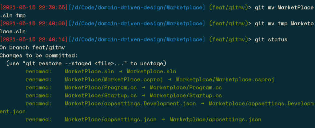 screenshot of git mv in action