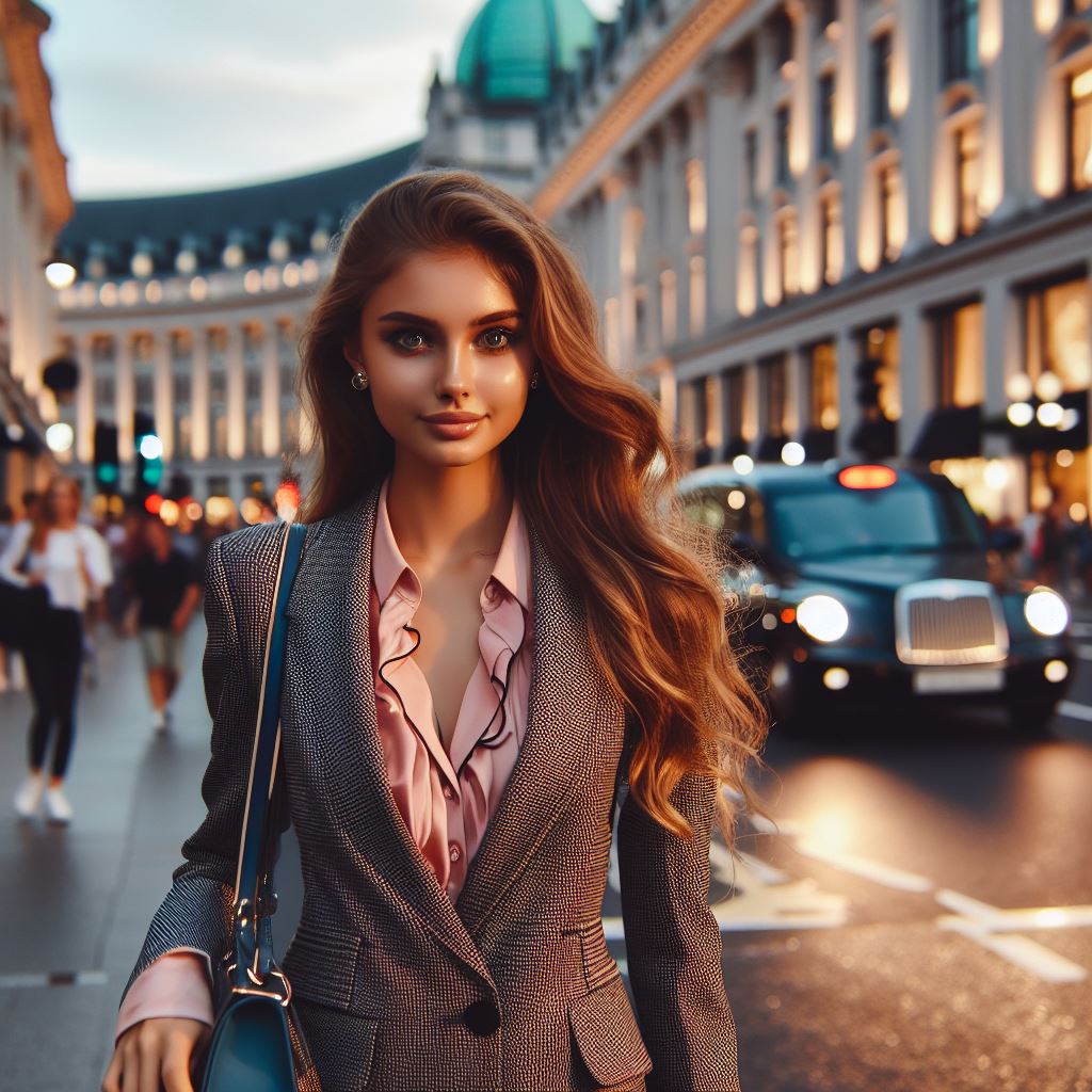 A stylish girl in formal attire posing for a picture in Oxford Street