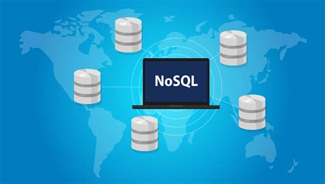 NoSQL on a laptop placed on the map of the world connected to several things that look like servers across the world