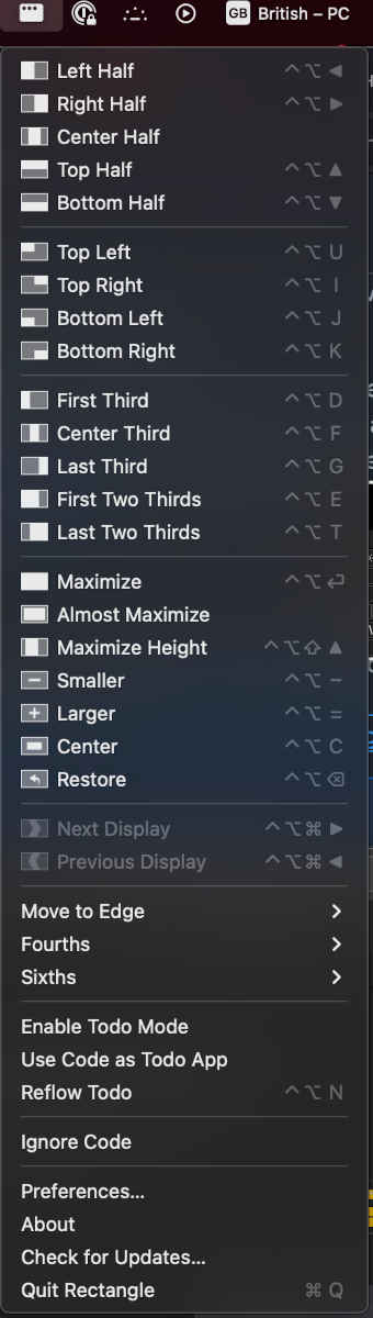 Rectangle window manager shortcuts