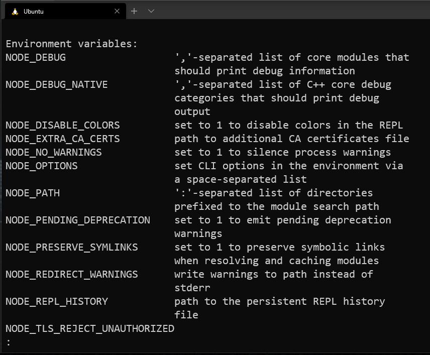 long list of environment variables in the help sections, at the end of the help